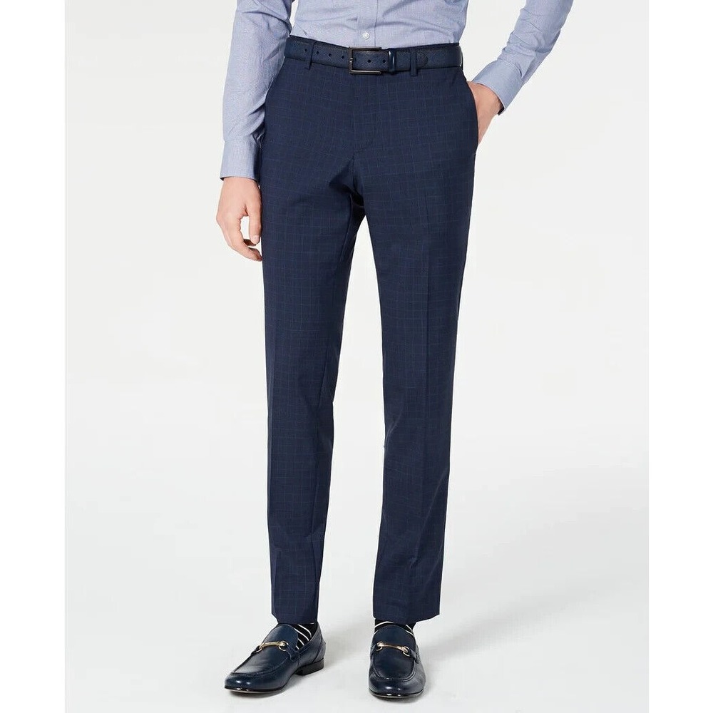 HUGO BOSS Men's Slim Fit Dark Blue Micro Check Dress Pants Size 38 NAVY